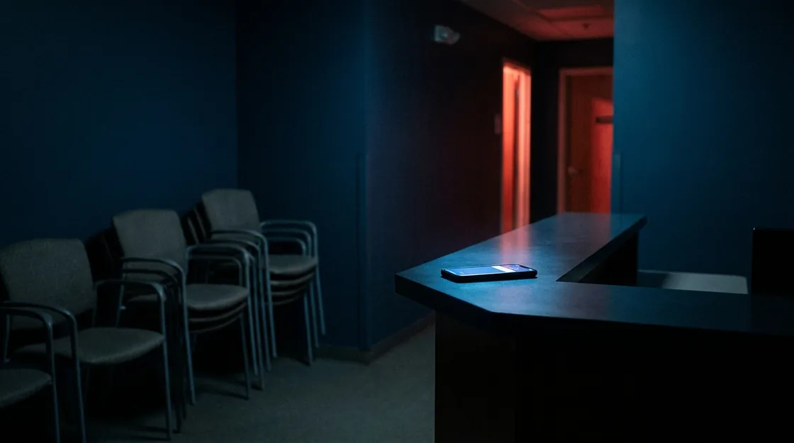 An empty clinic reception at night. One phone glowing on the counter, unanswered.