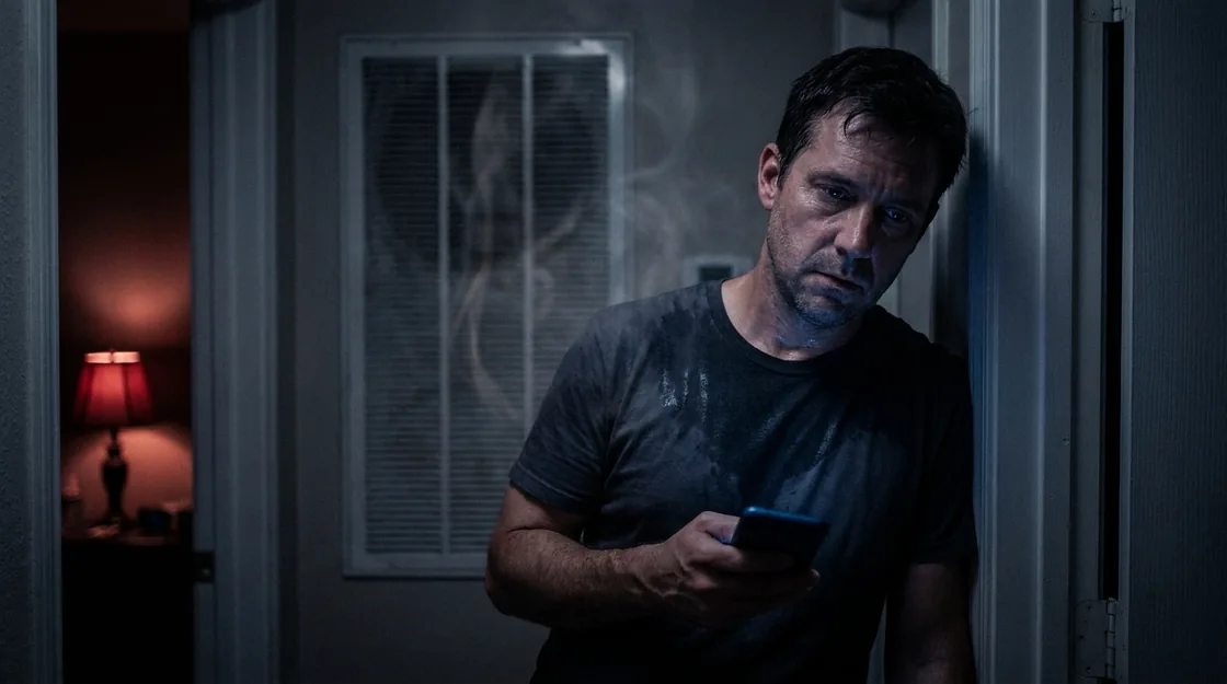 A man in a dark Houston hallway at night, holding his phone, the air conditioning dead behind him.