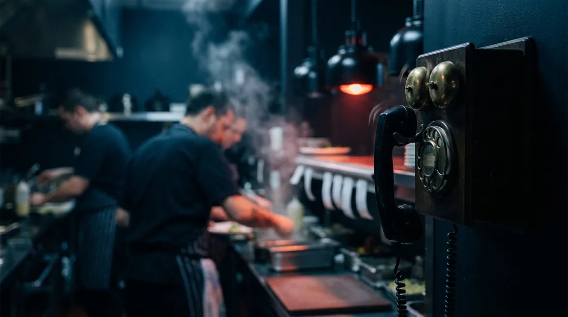 A restaurant kitchen at peak hour. The wall phone rings and nobody has a free hand.