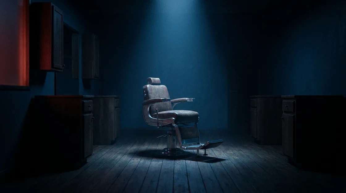 A closed salon at night. One empty chair under a single light.