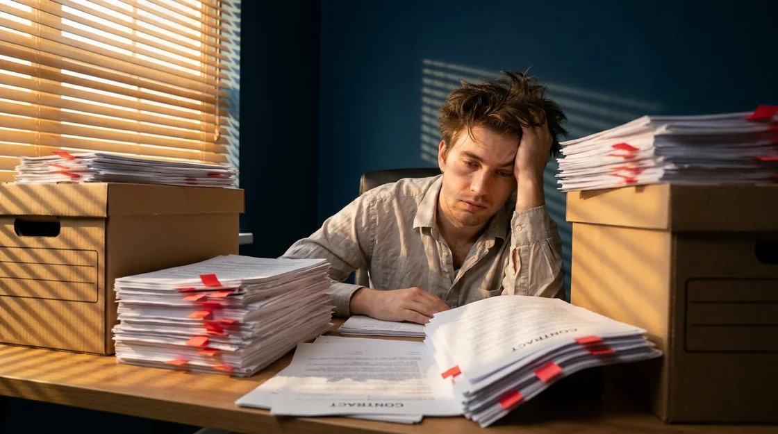 A young accountant buried in stacked contracts, late afternoon sun striping the paper through blinds.