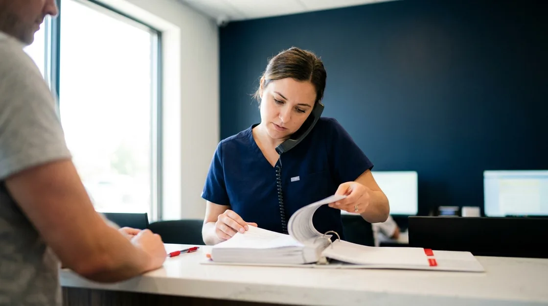 A clinic receptionist in bright morning light, phone on her shoulder, flipping through a thick policy binder.