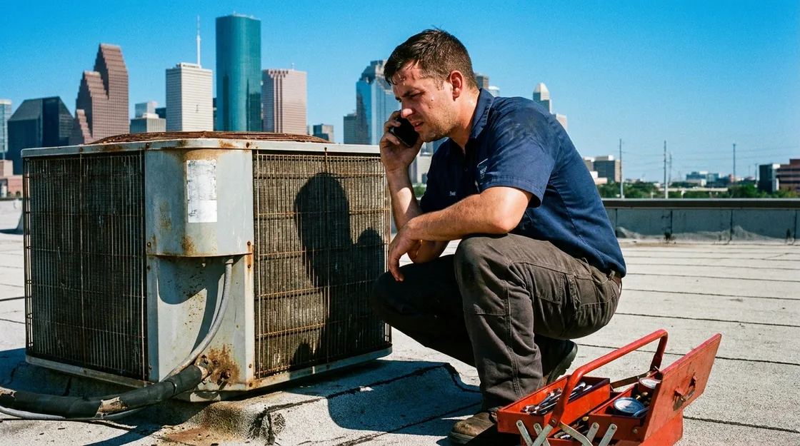An HVAC technician crouched beside a rooftop unit under harsh Houston noon sun, phone to his ear.