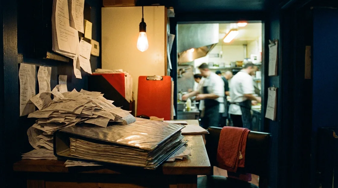 A cramped restaurant back office. The allergen binder sits half buried under delivery invoices while service runs beyond the doorway.