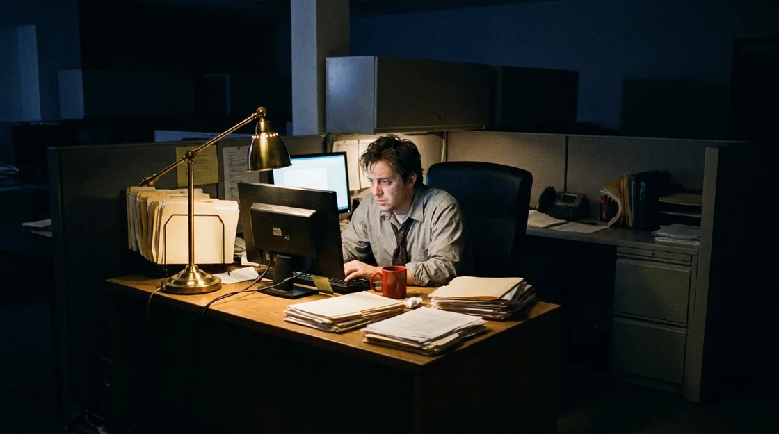 An accountant alone at a desk at night during tax season, a warm lamp over stacks of folders.