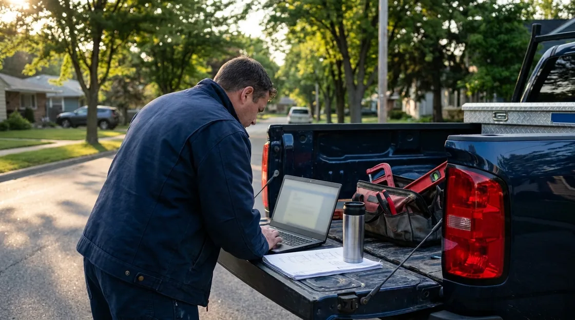 A contractor using his truck tailgate as a desk in golden early morning light, laptop open.