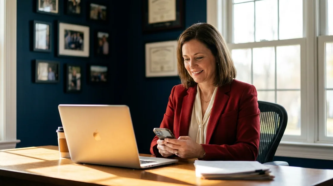 A real estate agent at a bright home office desk in morning light, checking her phone beside an open laptop.