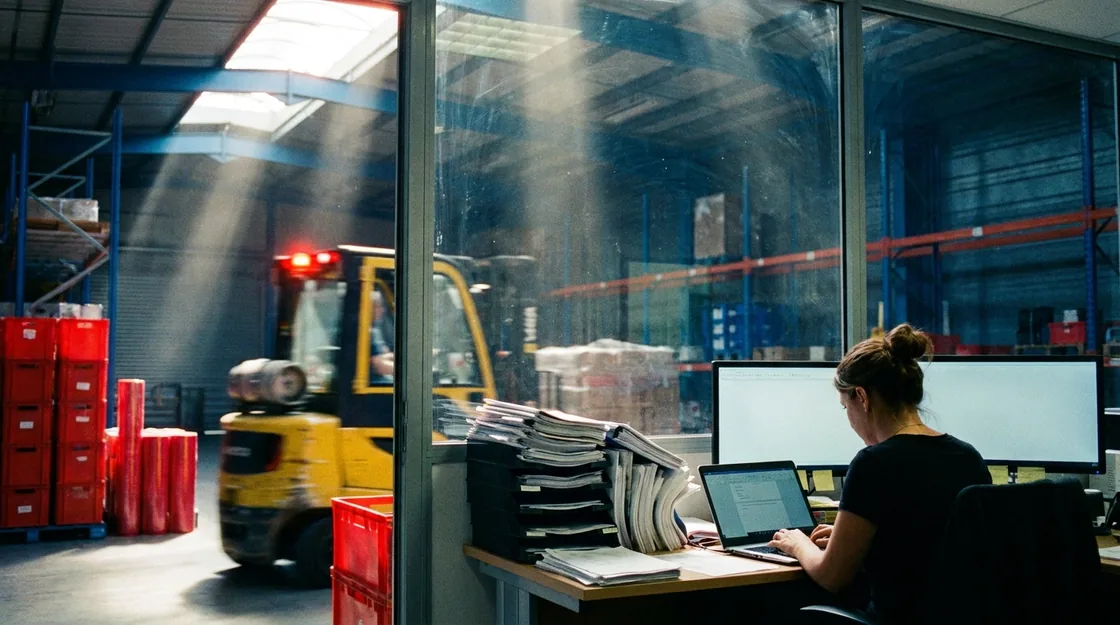A glass walled warehouse office at noon, a woman typing between tall stacks of paper orders.