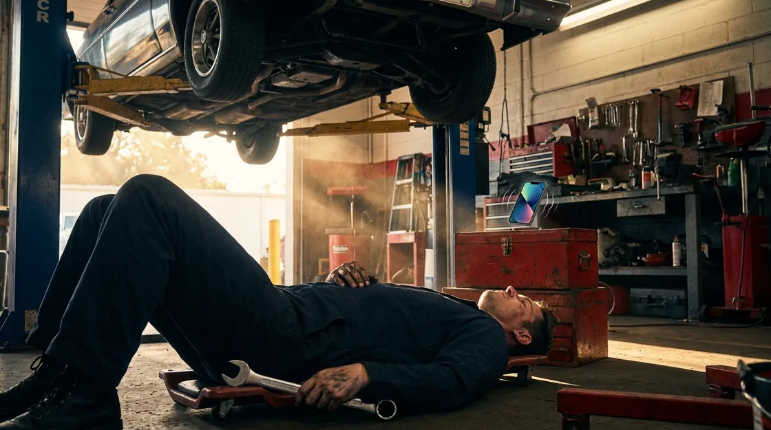 A mechanic under a car on a lift, morning sun through the open bay door, his phone buzzing on a toolbox behind him.