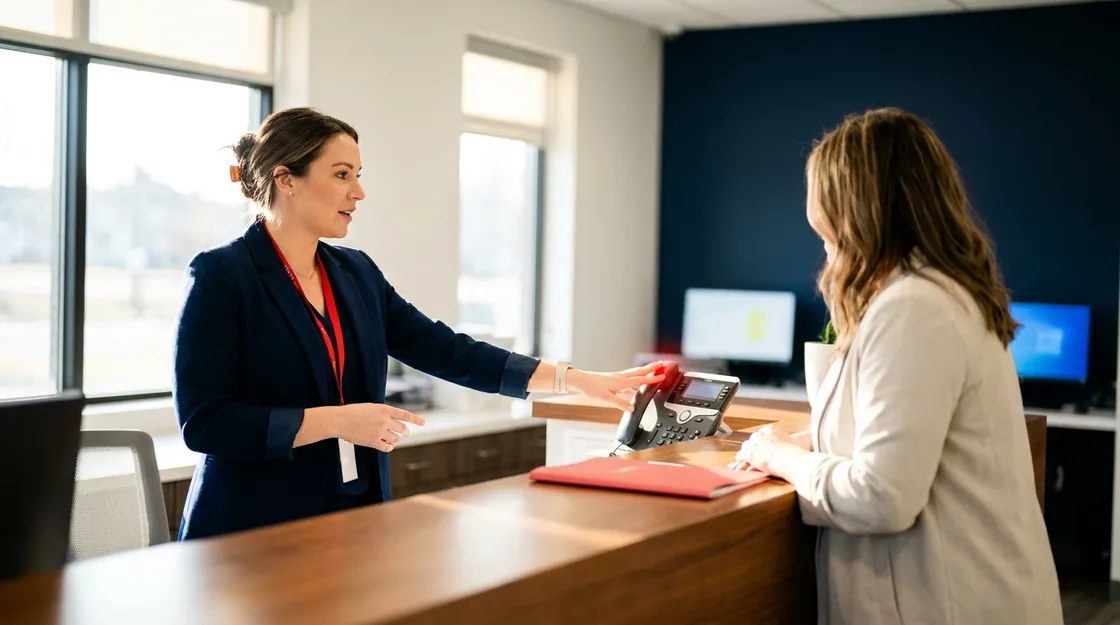 A dental receptionist in morning light, caught between a patient at the counter and a ringing desk phone.