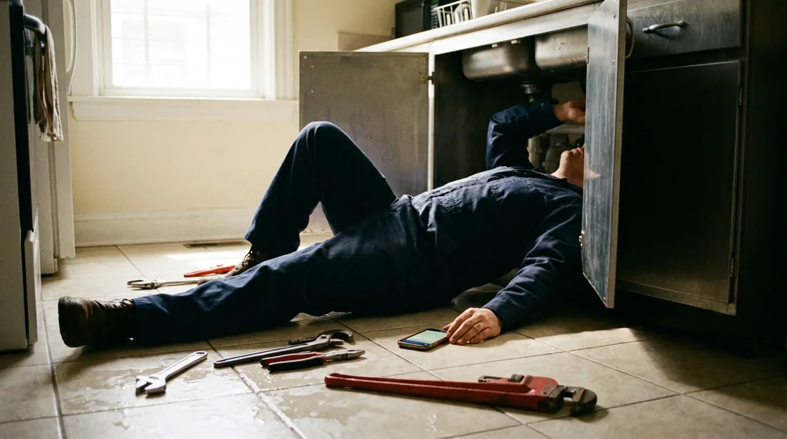 A plumber on his back under a kitchen sink in midday light, his phone lit up on the floor beside him.