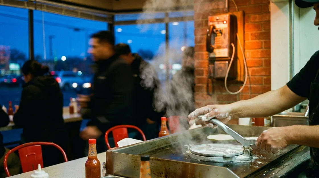 A packed taqueria counter at dinner rush. The wall phone rings and nobody has a free hand.