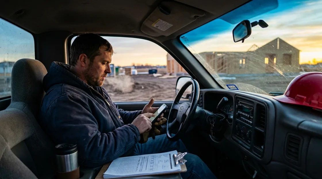 A remodeling contractor in his truck at dawn, thumb mid text, an empty job site through the windshield.