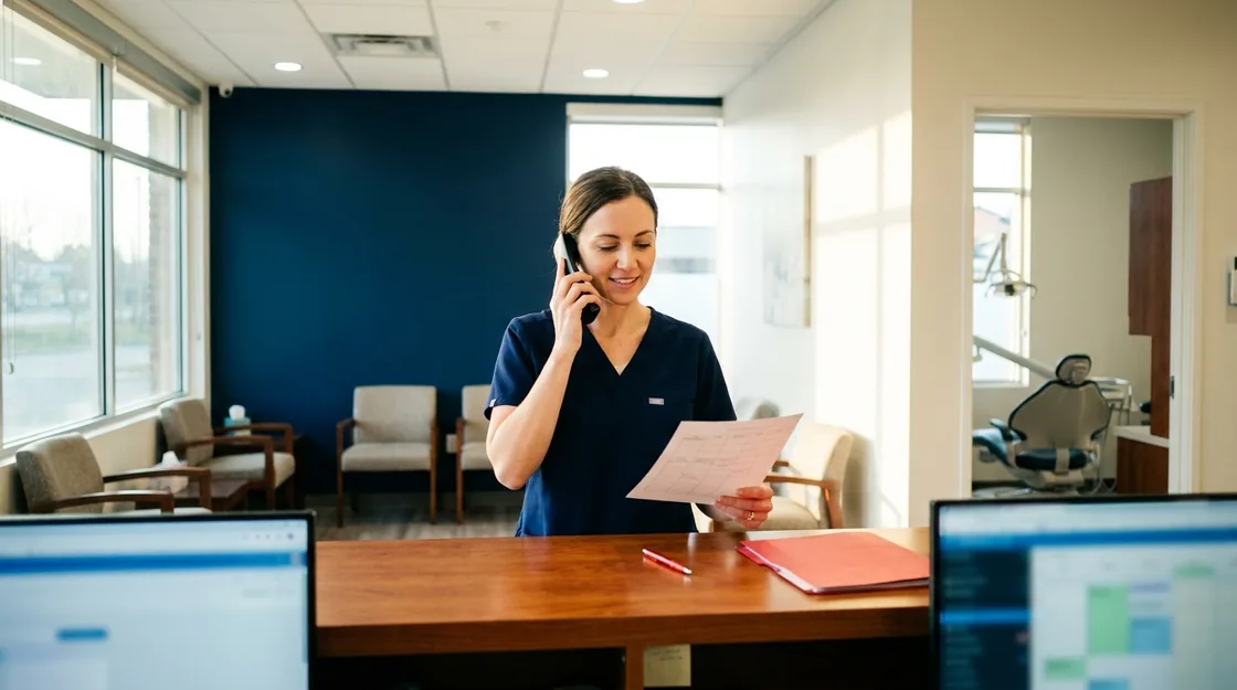 A dentist in scrubs at her own front desk in bright morning light, phone to her ear, an empty chair visible behind her.