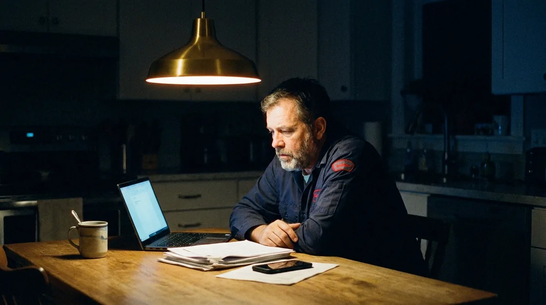 An HVAC company owner alone at his kitchen table late at night, laptop open, a stack of work orders beside him.