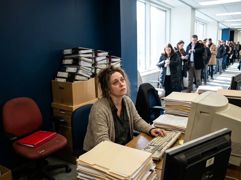 A woman at a desk, looking up with a tired expression, while a long line of people wait their turn and stacks of unfinished paperwork pile up behind her.