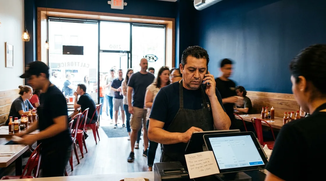 A restaurant owner working the register during a packed Saturday lunch rush, a phone wedged on his shoulder.